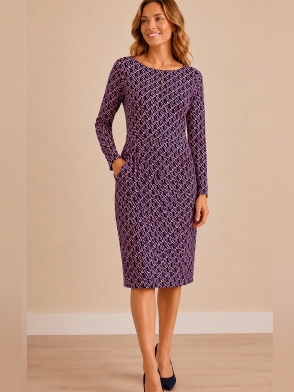 Boden Florrie Navy Pink Geometric Print Jersey Dress Pockets Size 8R NWT ##2636